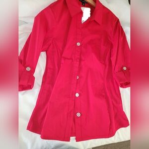 Red Button-Up Shirt with Floral Rhinestone Buttons & Knit Woven Sides